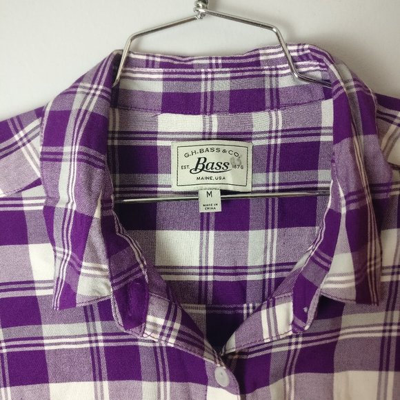Purple Gingham plaid Western Fringed hem Long sleeve Button down Shirt, M - Picture 2 of 8